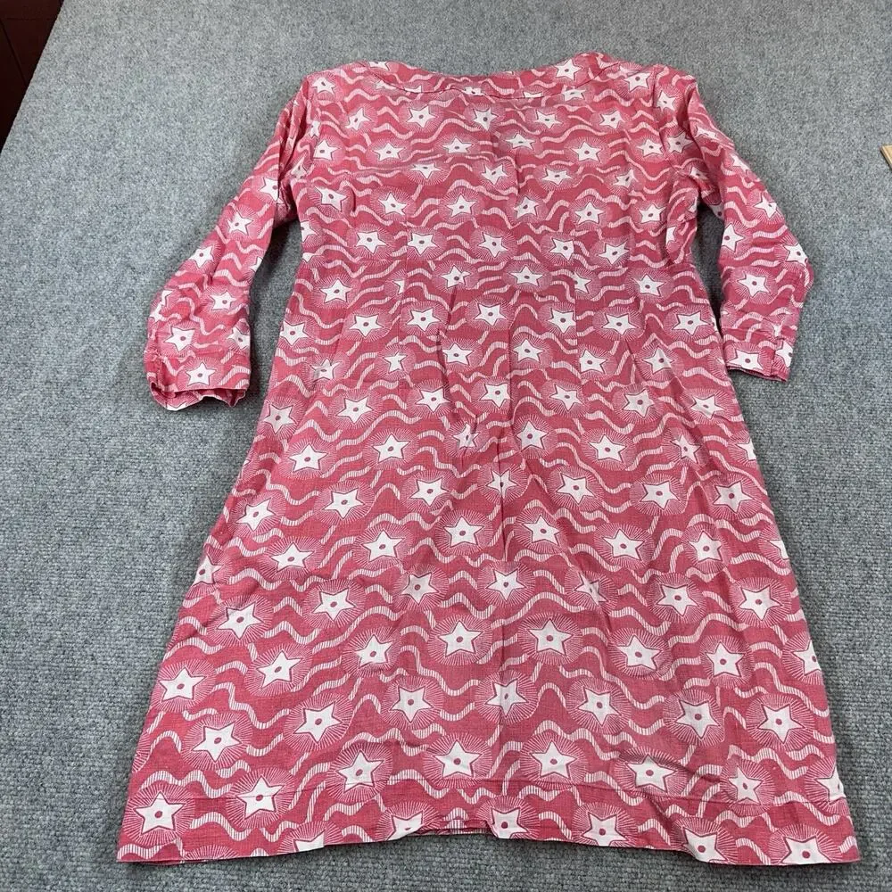 Boden Red Linen Star Mini Dress 3/4 Sleeve Notch Neck Sz 8 Petite 4th Of July - Picture 10 of 11